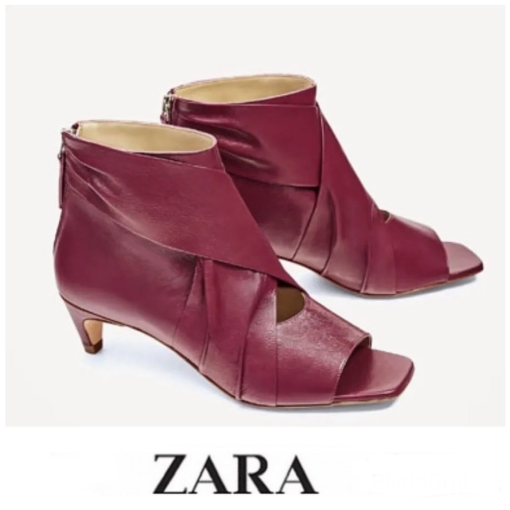 Zara Burgundy Leather Peep-Toe Ankle Booties